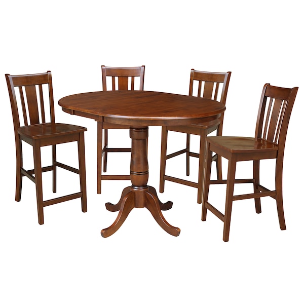 International Concepts Round 36 in Rd Top Ped Ext Table, 12 in Leaf And 4 San Remo RTA Stools, Espresso, 36 in W, 48 in L K581-36RXT-6B-S102-4 - main